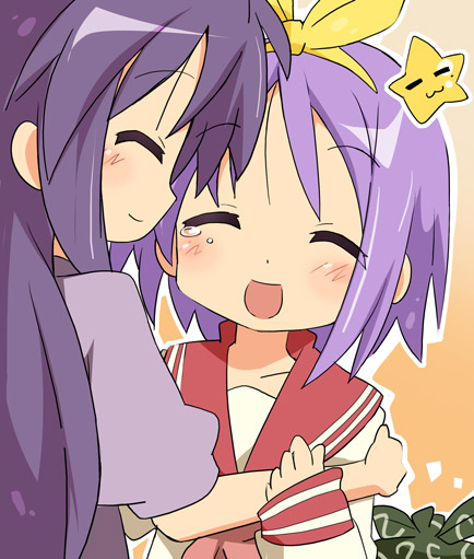 ixy, hiiragi miki, hiiragi tsukasa, lucky star, 00s, 2girls, :d, ^ ^, age difference, bare shoulders, closed eyes, collarbone, hairband, hug, long hair, long sleeves, mother and daughter, multiple girls, open mouth, pink hair, purple hair, sailor collar, school uniform, serafuku, shirt, short hair, smile, tears, very long hair, white shirt