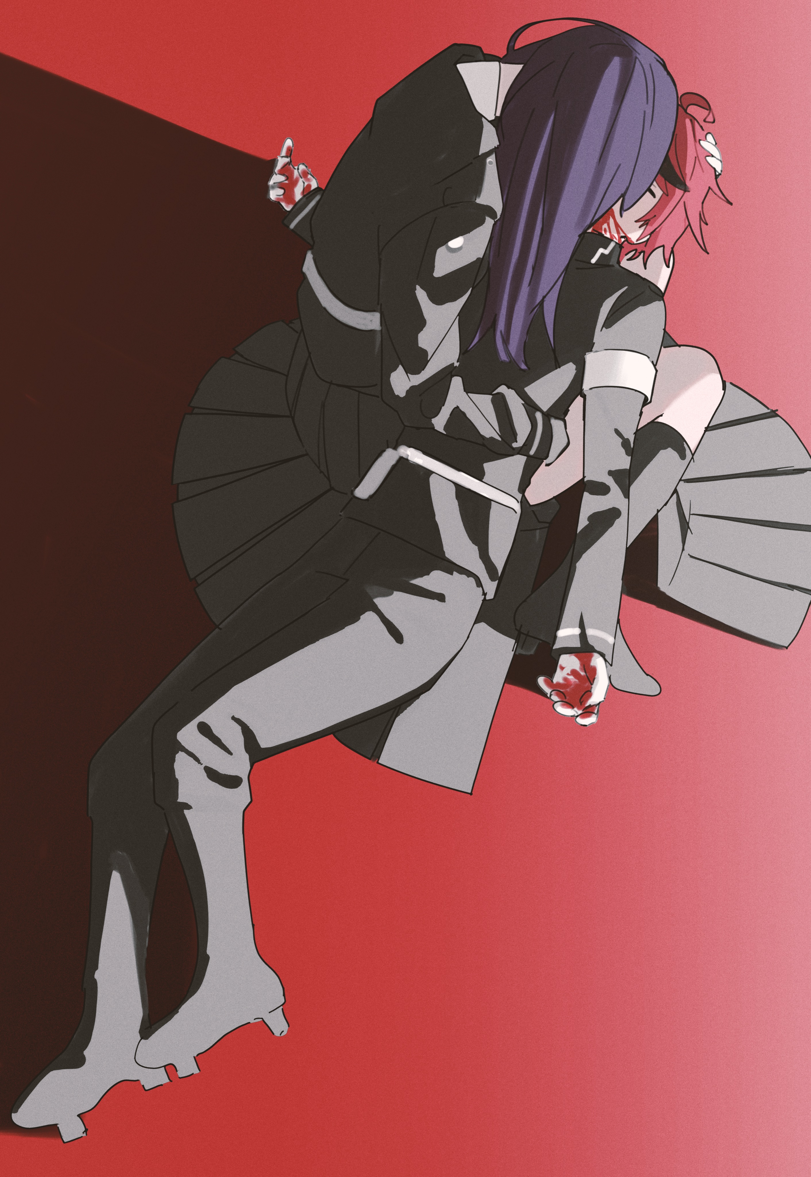 shizuhara hiruko, sumino takumi, the hundred line -last defense academy-, absurdres, highres, 1boy, 1girl, ahoge, armband, black boots, black hair, black jacket, black pants, black skirt, blood, blood on face, blood on hands, boots, gakuran, hand on another's head, hetero, jacket, kiss, long hair, long sleeves, multicolored hair, pants, purple hair, red background, runehuton801, school uniform, short hair, simple background, skirt, streaked hair, two-tone hair, white armband