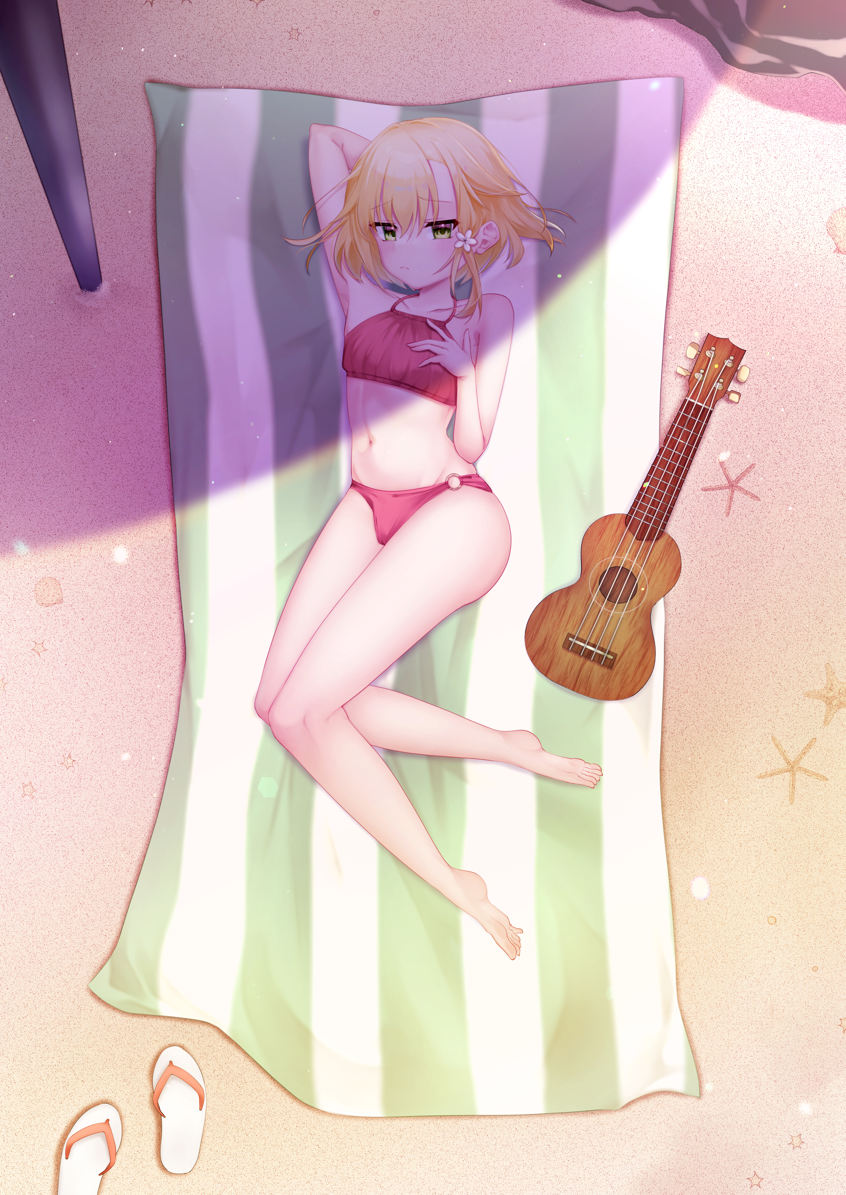 tyama taka, kariya wakana, sanoba witch, absurdres, highres, 1girl, :<, ||/, alternate costume, arm behind head, armpit crease, bare legs, bare shoulders, barefoot, beach, bikini, blanket, blonde hair, blush, breasts, closed mouth, collarbone, day, feet, flower, from above, frown, full body, furrowed brow, green eyes, groin, guitar, hair flower, hair ornament, hair spread out, halterneck, hand on own chest, hand up, instrument, knees together feet apart, looking at viewer, lying, medium hair, navel, o-ring, o-ring bikini, o-ring bottom, on back, outdoors, red bikini, sandals, shadow, skindentation, small breasts, soles, solo, stomach, swimsuit, thighs, toes, unworn sandals, white flower