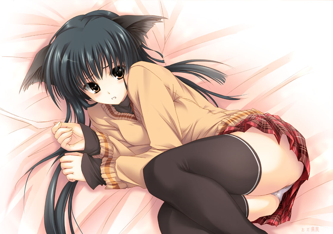 oppai kenmin, 1girl, animal ears, bed, black hair, black thighhighs, blue hair, blush, brown eyes, cat ears, female focus, fetal position, long hair, lying, panties, pantyshot, plaid clothes, plaid skirt, scared, skirt, solo, sweater, thighhighs, thighs, underwear, upskirt