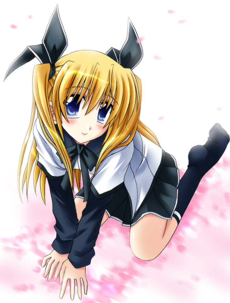 otoki raku, tagme, blonde hair, blue eyes, long hair, ribbon, solo