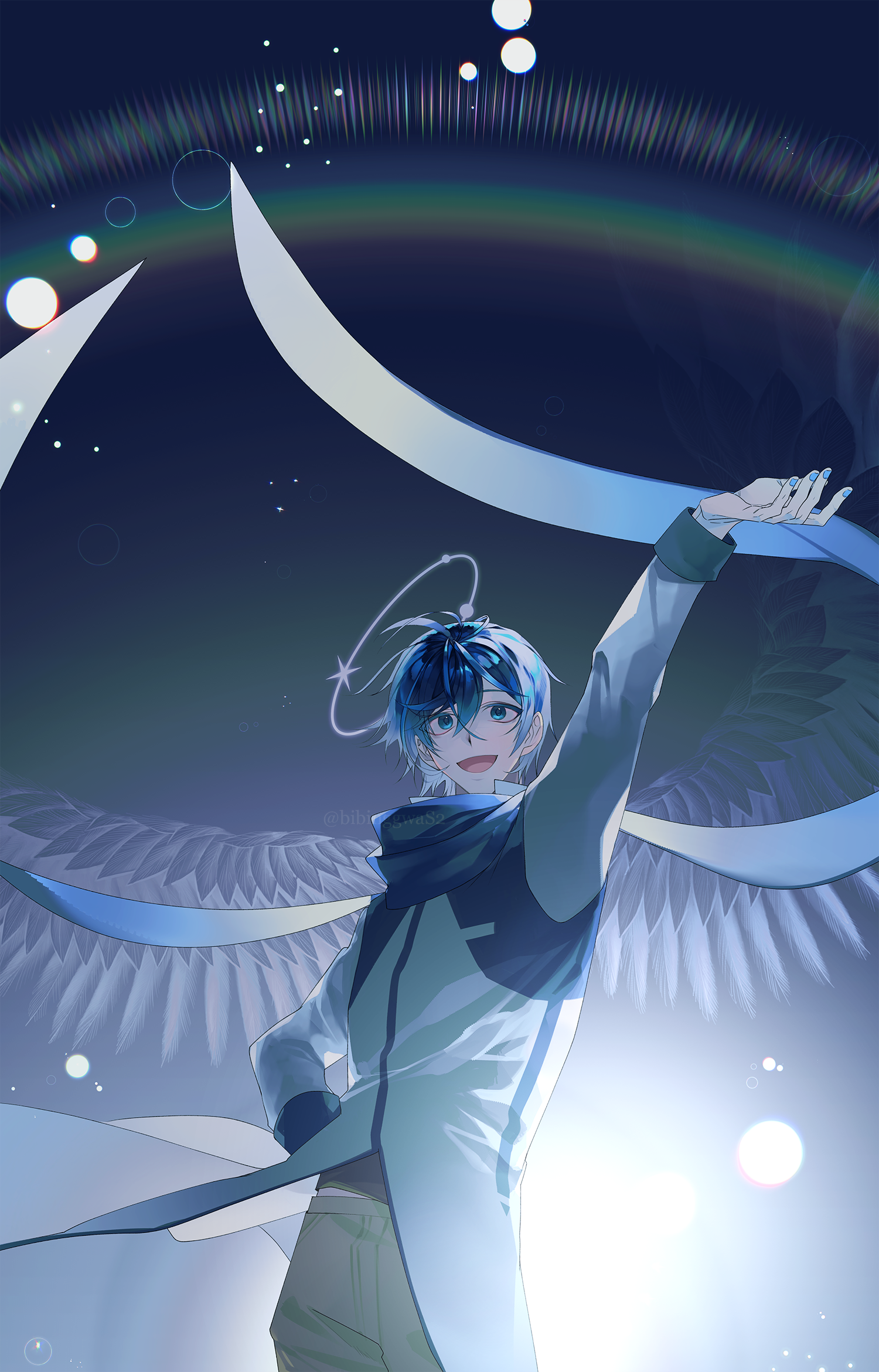 bibinggwas2, kaito (vocaloid), vocaloid, highres, 1boy, angel wings, arm up, backlighting, blue eyes, blue hair, blue nails, blue scarf, brown pants, coat, floating scarf, hair between eyes, halo, hand on own hip, lens flare, male focus, night, open mouth, pants, scarf, short hair, smile, solo, white coat, wings