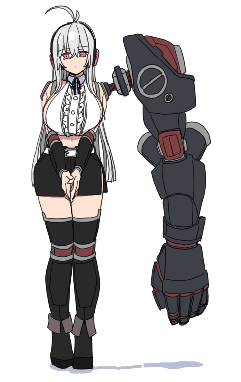 durindana 7, original, highres, tagme, ahoge, breasts, cyborg, headphones, large breasts, mechanical arms, midriff, red eyes, simple background, single mechanical arm, white hair