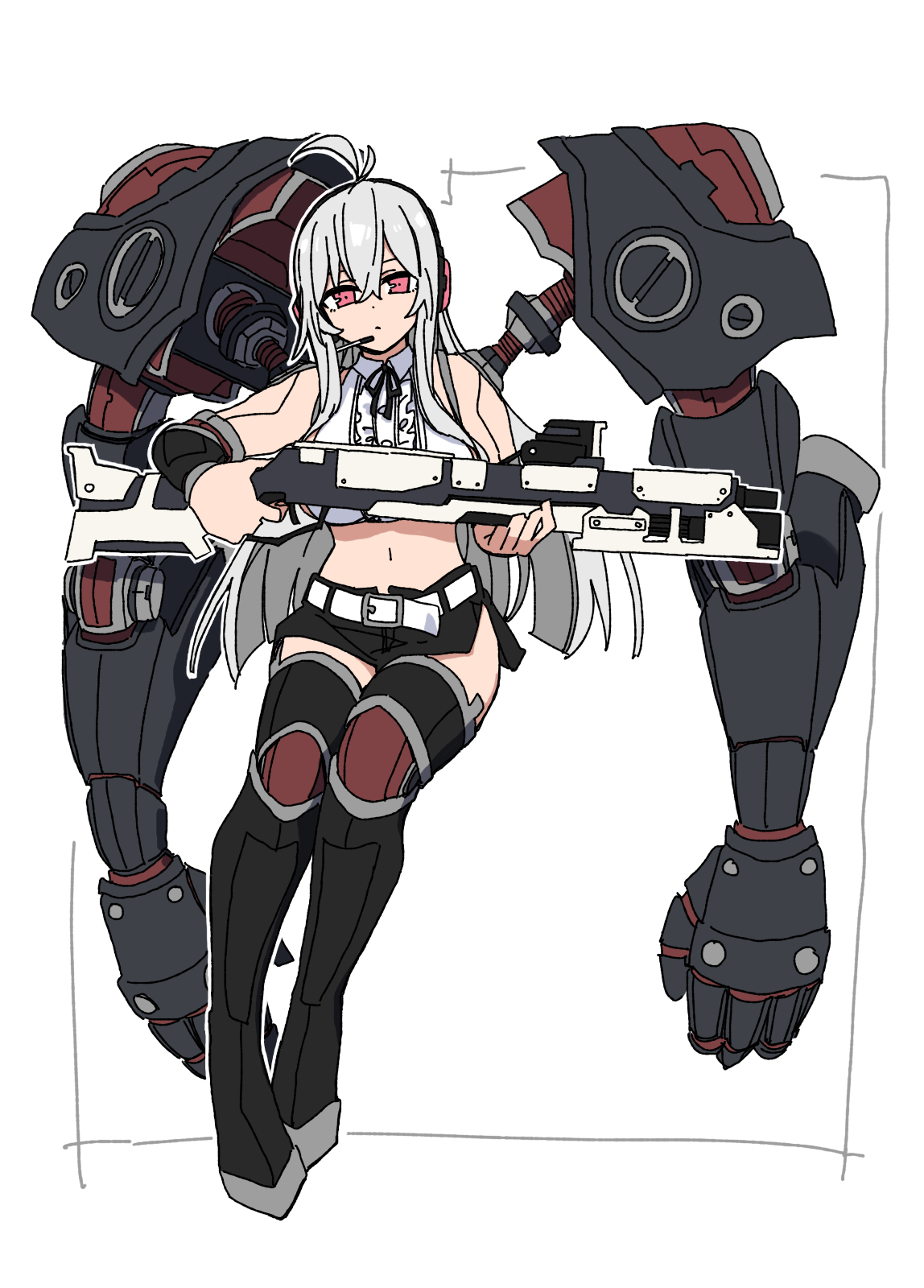 durindana 7, original, highres, tagme, ahoge, breasts, cyborg, holding, holding weapon, large breasts, mechanical arms, midriff, red eyes, simple background, weapon, white background, white hair