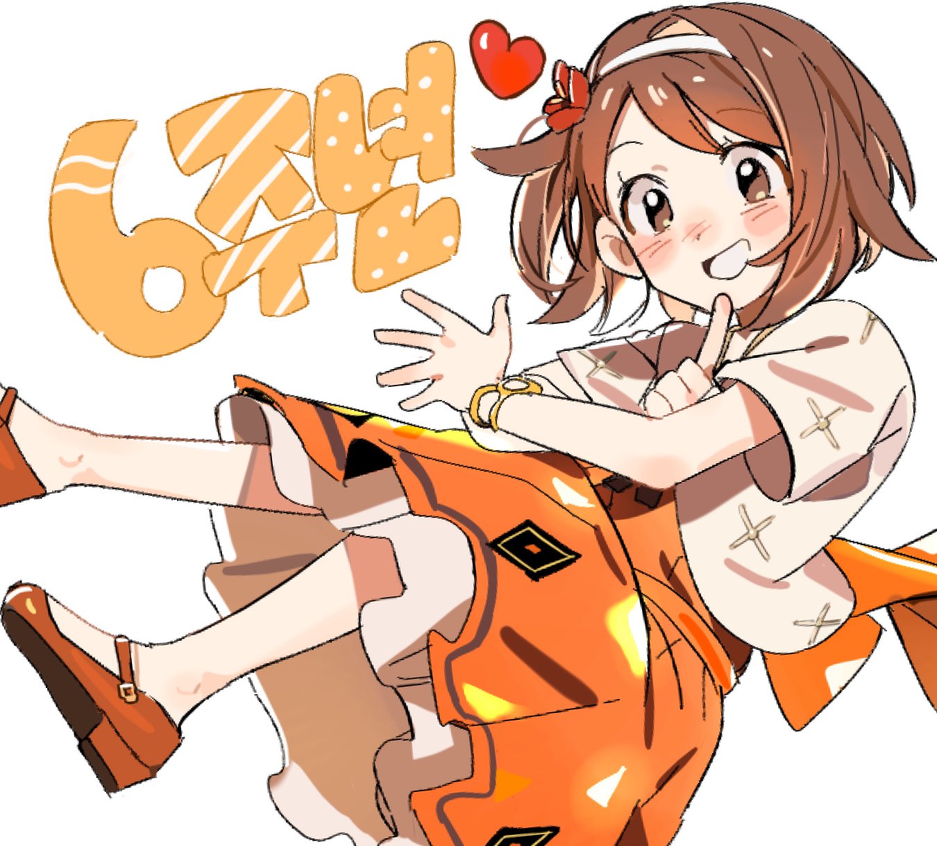 mari312 1, gloria (anniversary 2025) (pokemon), gloria (pokemon), nintendo, pokemon, pokemon masters ex, highres, 1girl, blush, bracelet, breasts, brown eyes, brown hair, dress, flower, hair ornament, hairband, heart, jewelry, looking at viewer, official alternate costume, open mouth, orange dress, short hair, short sleeves, smile, white hairband