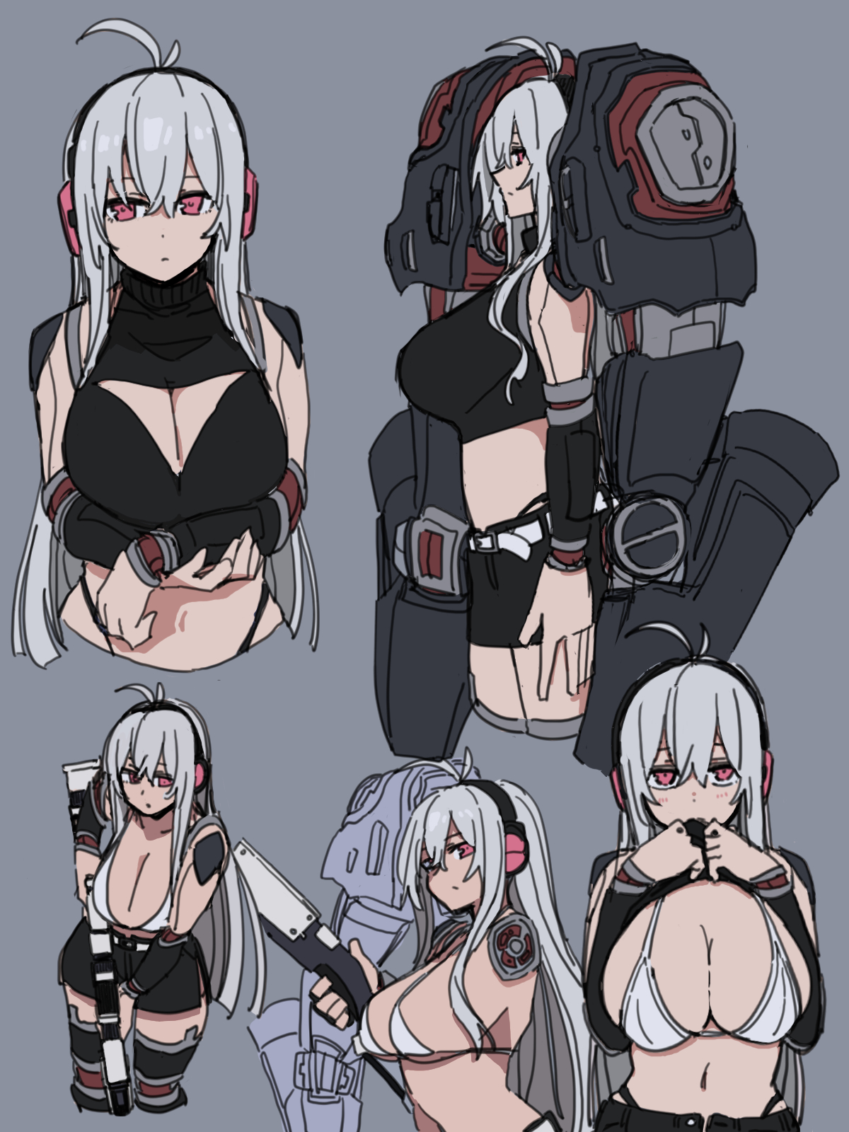 durindana 7, original, highres, tagme, ahoge, arm under breasts, bikini, breasts, clothes lift, cyborg, large breasts, mechanical arms, red eyes, shirt lift, simple background, swimsuit, white bikini, white hair