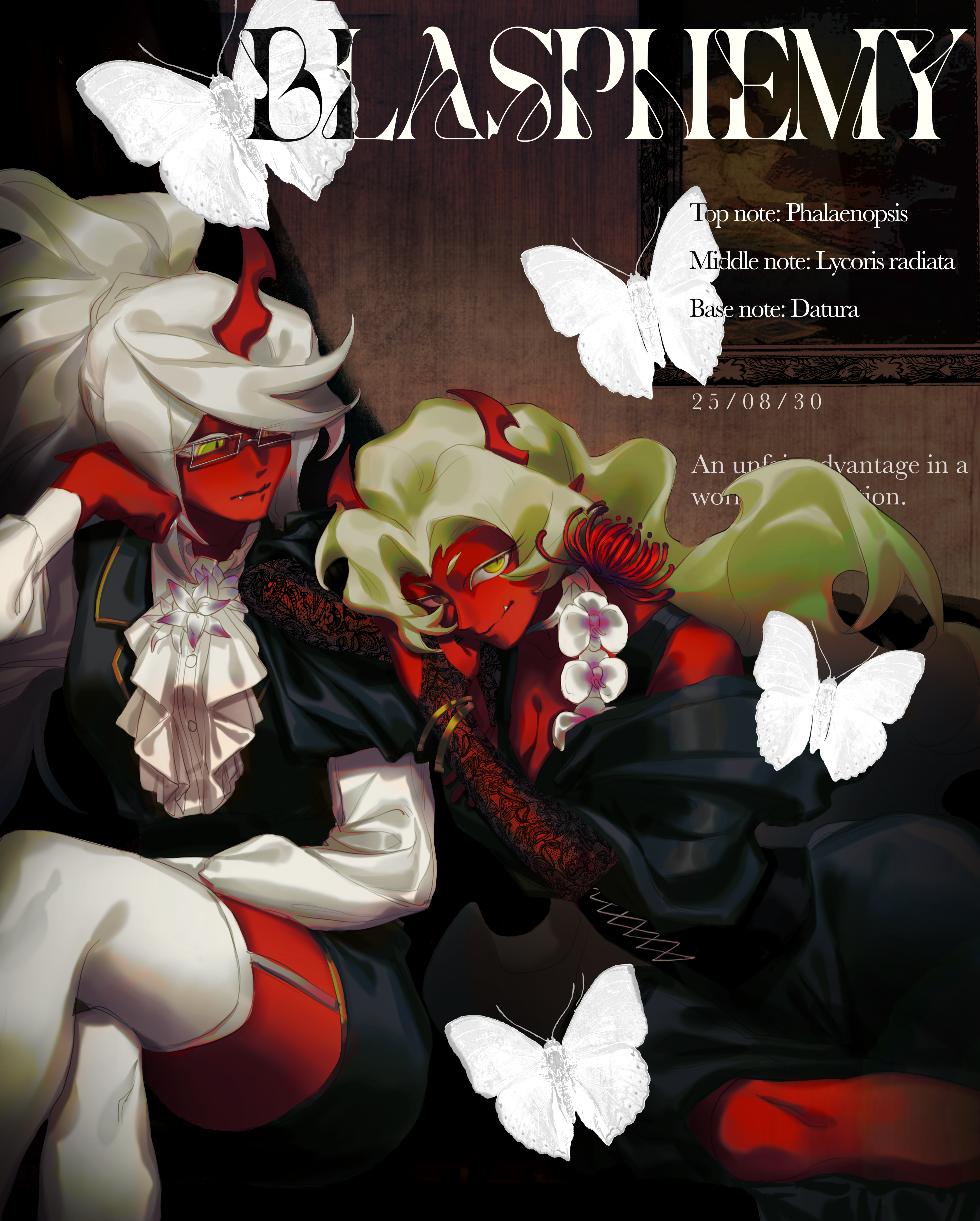 kneesocks (psg), scanty (psg), panty & stocking with garterbelt, absurdres, highres, 2girls, ascot, black dress, black vest, bracelet, breasts, bug, canvas (object), cleavage, couch, crossed legs, demon girl, demon horns, dress, english text, flower, glasses, green eyes, hand on own cheek, hand on own face, horns, indoors, insect, jewelry, kneehighs, light smile, long hair, looking at another, looking at viewer, loose clothes, loose shirt, moth, multiple girls, on couch, ponytail, shirt, single horn, sitting, socks, very long hair, vest, white ascot, white shirt, xinjinjumin5687581, yellow eyes