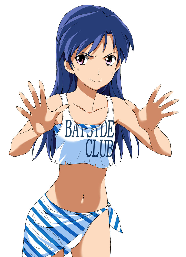 a1 (initial-g), kisaragi chihaya, idolmaster, idolmaster (classic), idolmaster 1, 00s, bikini, blue hair, clothes writing, long hair, purple eyes, sarong, solo, striped clothes, striped sarong, swimsuit, white background