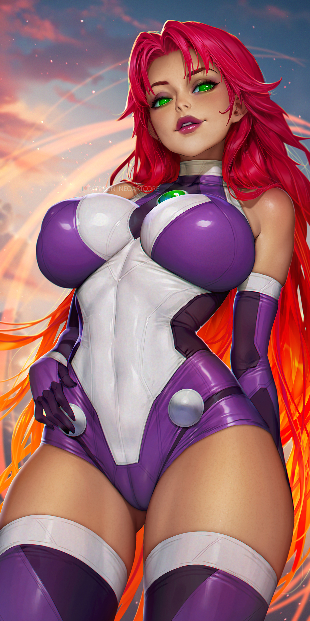 neoartcore, starfire, dc comics, absurdres, highres, 1girl, breasts, from below, gem, green eyes, green gemstone, impossible clothes, large breasts, leotard, lipstick, long hair, makeup, parted lips, patreon username, purple leotard, red hair, solo