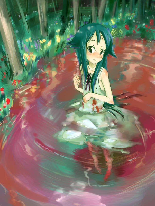 harepore, saya (saya no uta), nitroplus, saya no uta, bad id, bad pixiv id, bare shoulders, blood, blush, dress, flat chest, flower, forest, nature, pond, solo, tree, water