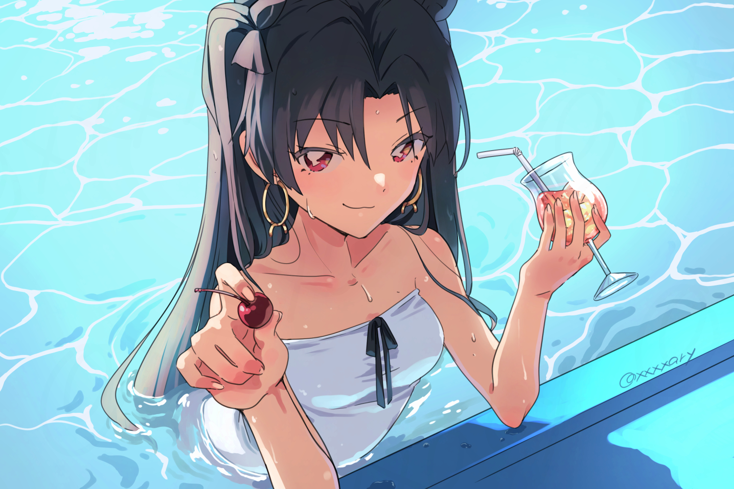 xxxxay, ishtar (fate), fate/grand order, fate (series), 1girl, bare shoulders, black hair, breasts, cherry, collarbone, cup, drinking straw, earrings, food, fruit, gold earrings, holding, holding cup, holding food, hoop earrings, jewelry, looking at viewer, one-piece swimsuit, parted lips, partially submerged, pool, red eyes, small breasts, solo, swimsuit, two side up, water, white one-piece swimsuit