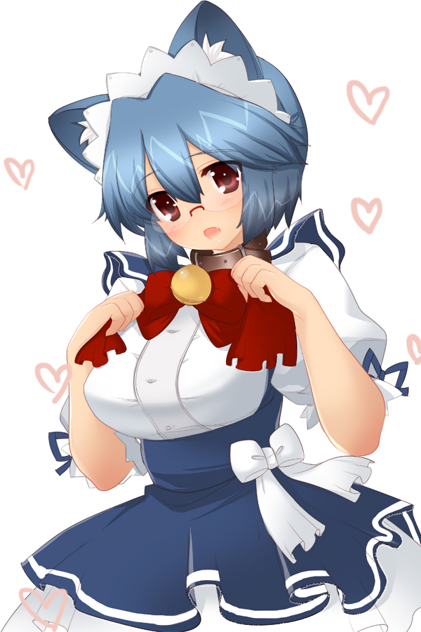 animal ear fluff, animal ears, blue hair, cat ears, collar, glasses, maid, red eyes, solo