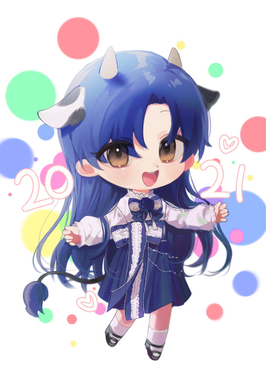 lunim (roo 0 0), kisaragi chihaya, idolmaster, idolmaster (classic), highres, korean commentary, 1girl, 2021, animal ears, blue hair, blue skirt, brown eyes, chibi, chinese zodiac, cow ears, cow horns, cow tail, full body, horns, long hair, long sleeves, looking at viewer, open mouth, shirt, shoes, skirt, smile, socks, solo, tail, white shirt, white socks, year of the ox