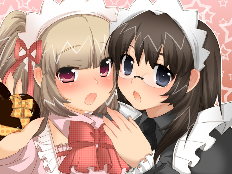 umehara emika, 2girls, black hair, blue eyes, brown hair, glasses, maid headdress, multiple girls, red eyes, ribbon