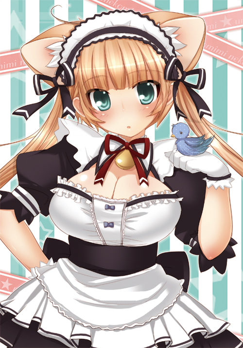 umehara emika, original, animal ears, bell, bird, blush, breasts, brown hair, cat ears, cleavage, collar, gloves, green eyes, hat, large breasts, long hair, maid, neck bell, ribbon, twintails