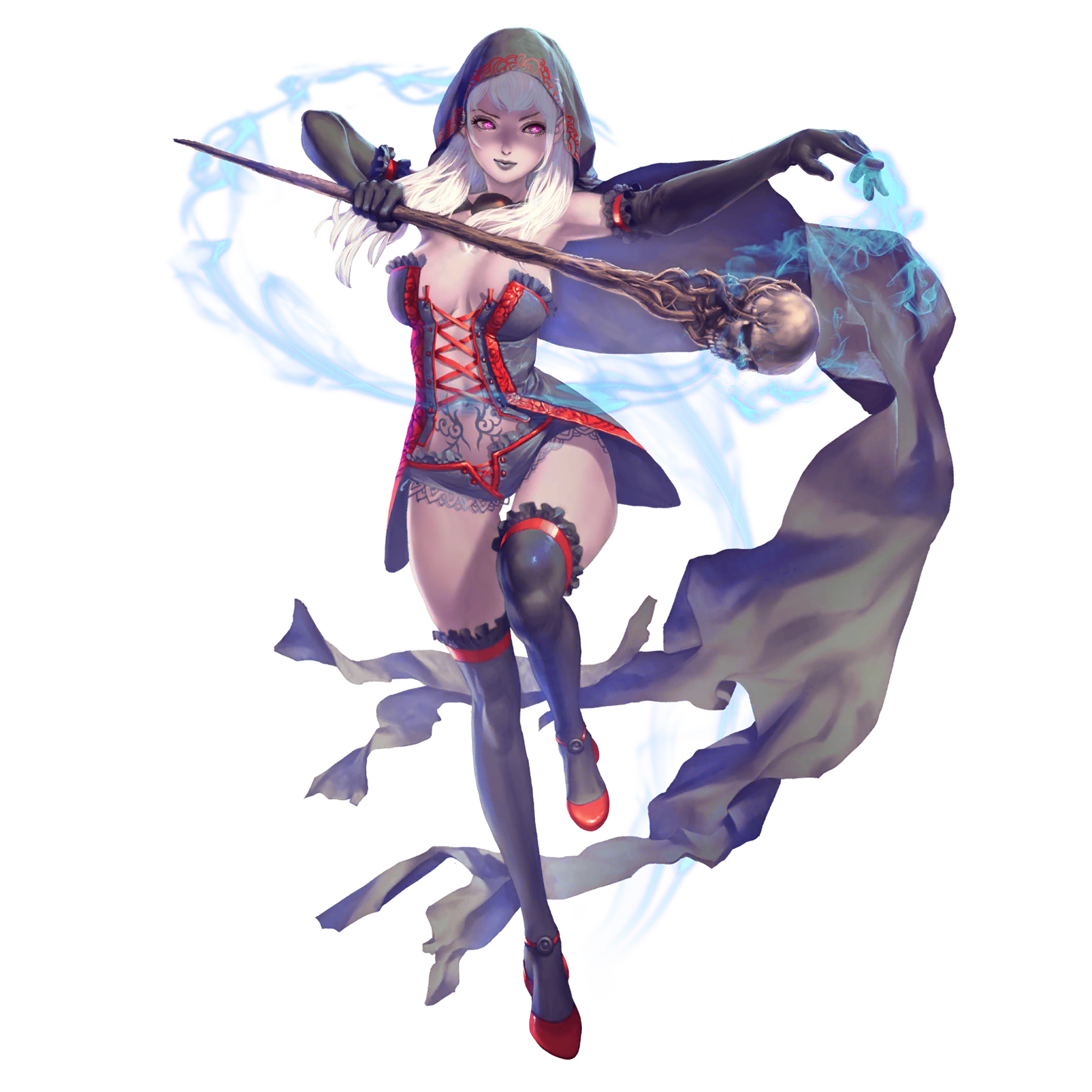 crystal maiden (series), artist request, bad source, game cg, highres, official art, variant set, 1girl, bare hips, black gloves, black lips, breasts, cape, cleavage, daphne (crystal maidens), full body, gloves, hair over shoulder, holding, holding staff, hood, hood up, magic, navel, pale skin, pink eyes, pubic tattoo, skull, solo, staff, tattoo, transparent background, undead, white hair