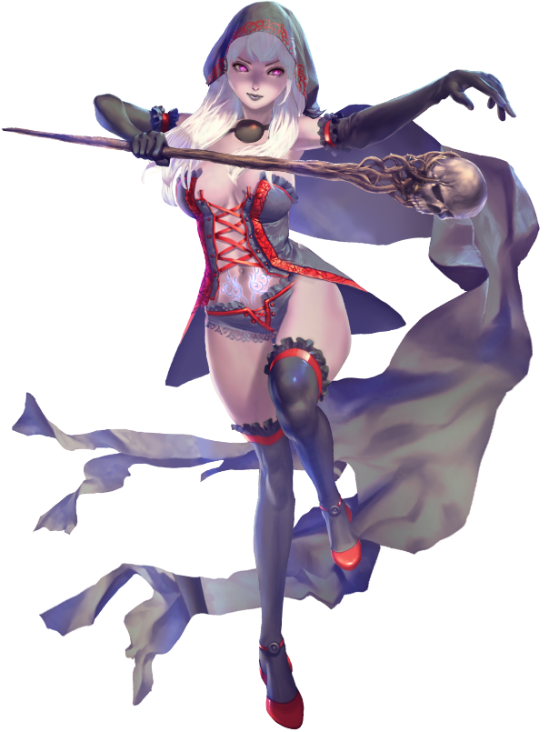 crystal maiden (series), artist request, bad source, game cg, official art, variant set, 1girl, bare hips, black gloves, black lips, breasts, cape, cleavage, daphne (crystal maidens), full body, gloves, hair over shoulder, holding, holding staff, hood, hood up, navel, pale skin, pink eyes, pubic tattoo, skull, solo, staff, tattoo, transparent background, undead, white hair