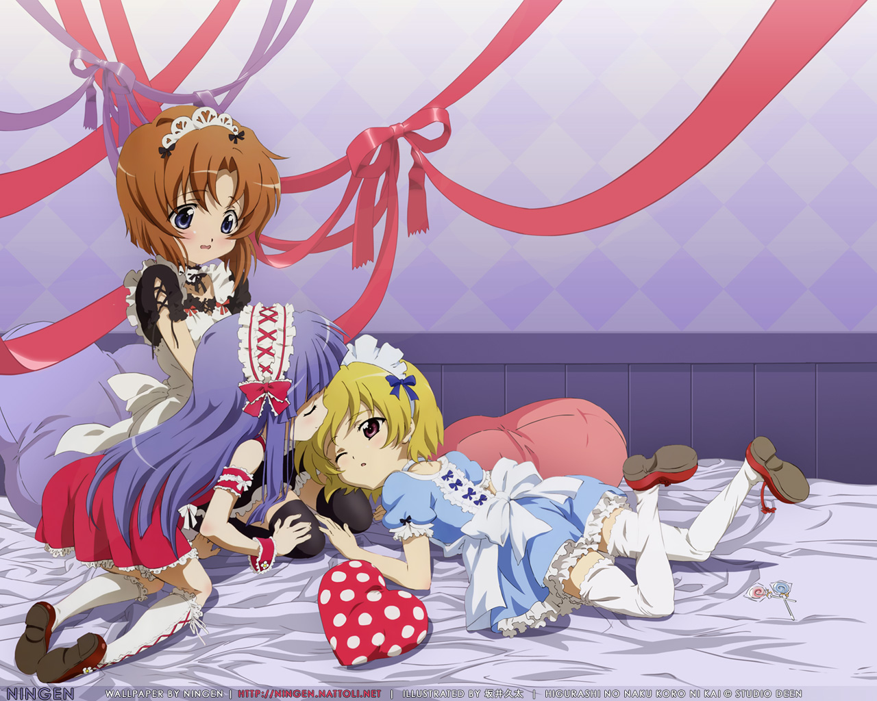 sakai kyuuta, furude rika, houjou satoko, ryuuguu rena, higurashi no naku koro ni, 00s, 3girls, age difference, bed, blonde hair, blush, child, frills, full body, gothic lolita, kiss, kodomo doushi, lolita fashion, maid, multiple girls, ribbon, thighhighs, yuri, zettai ryouiki