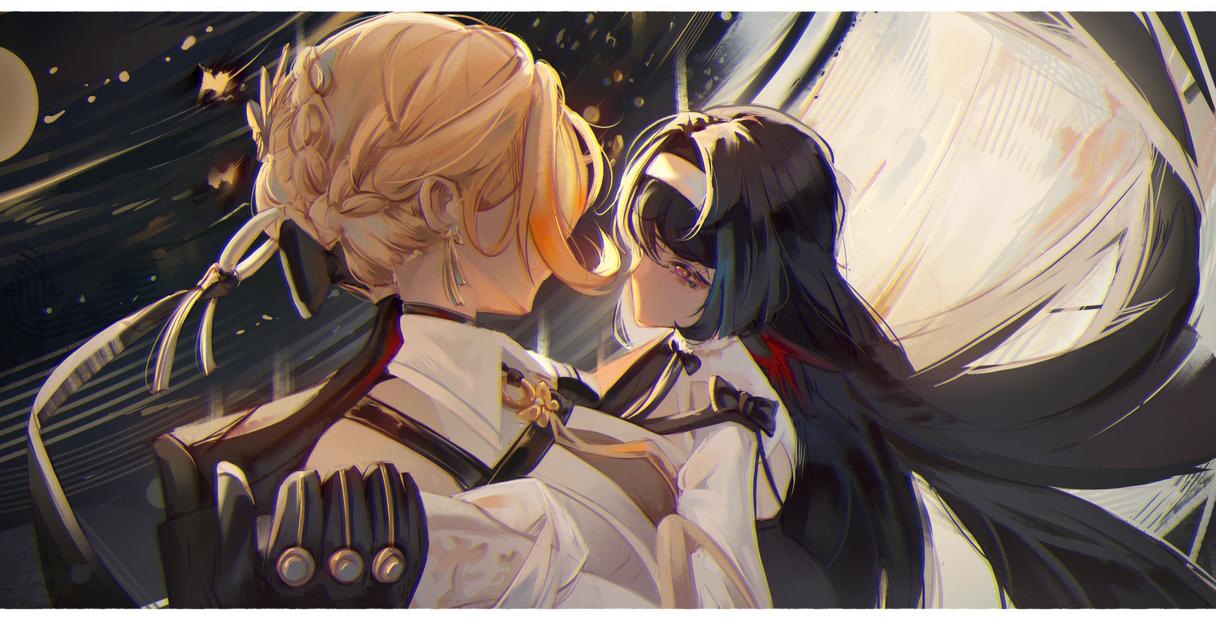 waffle 404, astra yao, astra yao (chandelier), evelyn chevalier, zenless zone zero, absurdres, highres, 2girls, black bow, black bowtie, black hair, blonde hair, bodyguard, bow, bowtie, bug, dancing, earrings, gloves, headband, insect, jewelry, long hair, looking at another, moth, multiple girls, no mouth, shirt, star (sky), star (symbol), uneven bangs, white headband, white shirt, yuri