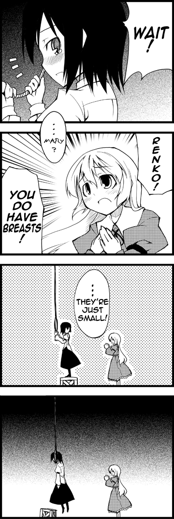 akakage red, red (artist), maribel hearn, usami renko, touhou, hard-translated, third-party edit, translated, 2girls, 4koma, comic, death, dress, emphasis lines, english text, female focus, greyscale, monochrome, multiple girls, noose, short hair, skirt, suicide, tearing up
