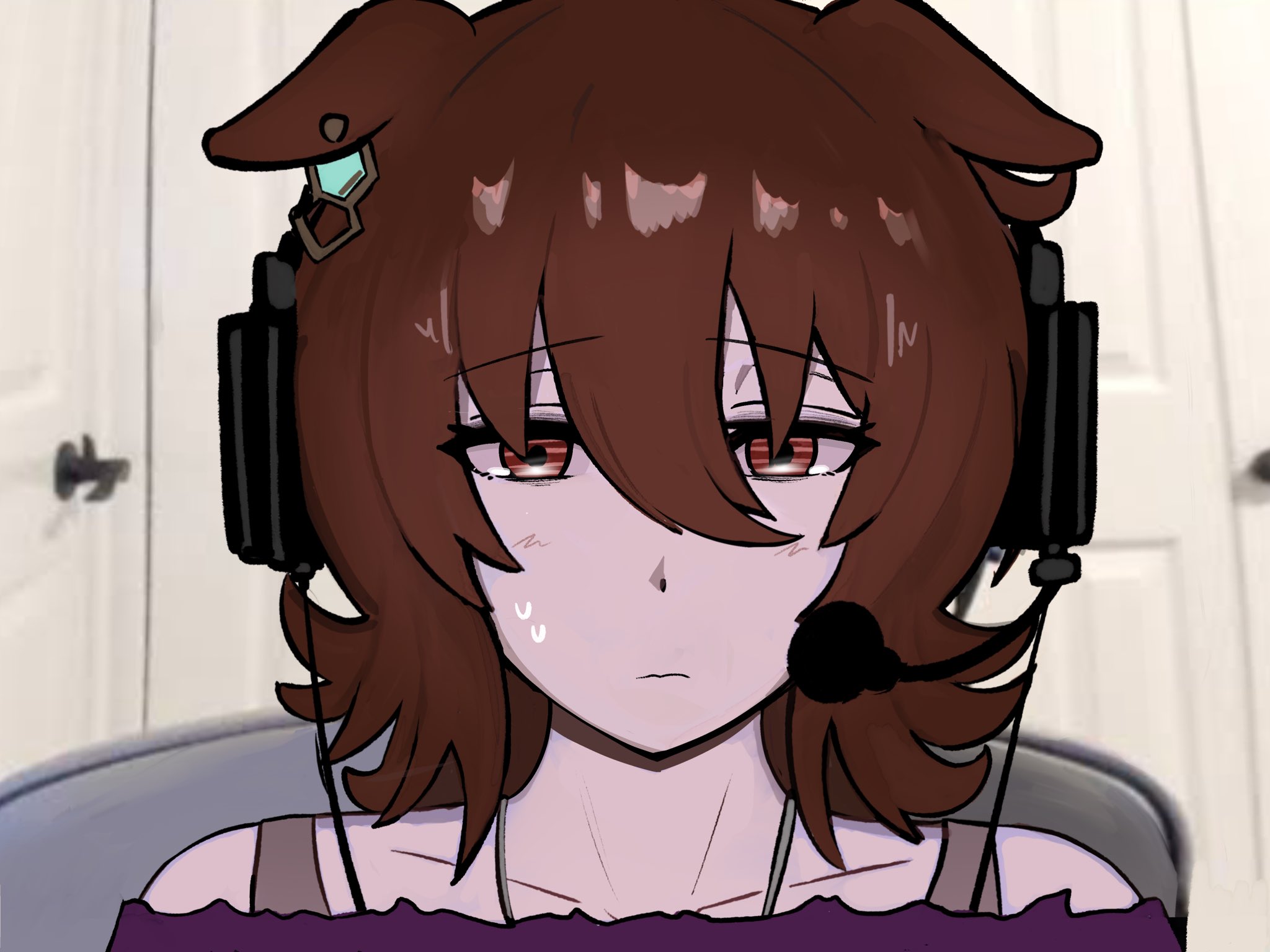 johnholl0w, agnes tachyon (umamusume), umamusume, commentary, english commentary, highres, photo-referenced, 1girl, animal ears, brown hair, chemical structure, expressionless, furrowed brow, hair between eyes, half-closed eyes, headphones, headset, horse ears, horse girl, indoors, meme, off-shoulder shirt, off shoulder, photo background, portrait, purple shirt, red eyes, sad linus (meme), shirt, solo, sweatdrop, wolf cut