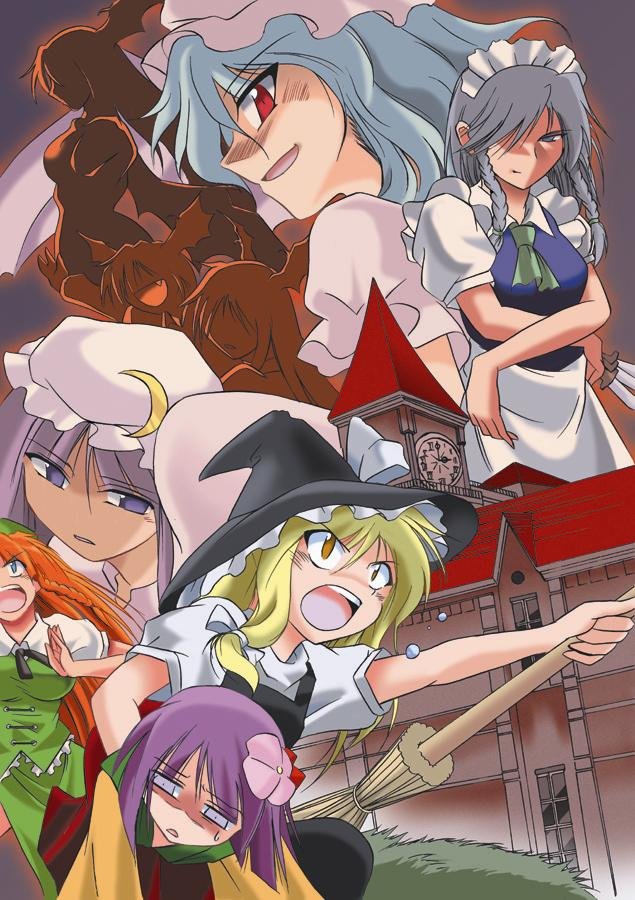 angeldust, hieda no akyuu, hong meiling, izayoi sakuya, kirisame marisa, koakuma, patchouli knowledge, remilia scarlet, embodiment of scarlet devil, touhou, 6+girls, breasts, dress, female focus, hat, maid, multiple girls, nature, plant, purple hair, red eyes, skirt, witch, witch hat