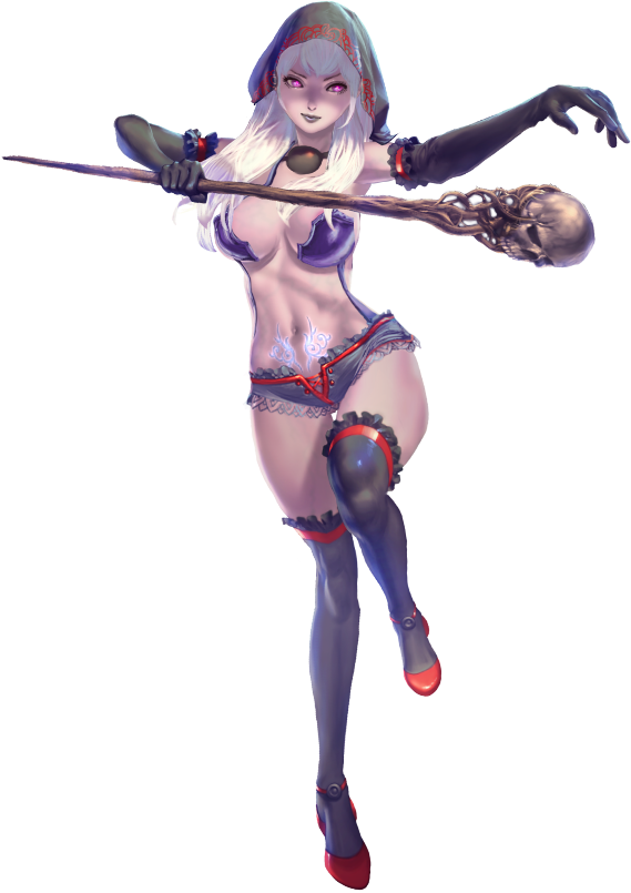 crystal maiden (series), artist request, bad source, game cg, official art, variant set, 1girl, bare hips, black gloves, black lips, bra, breasts, cleavage, daphne (crystal maidens), full body, gloves, hair over shoulder, holding, holding staff, hood, hood up, magic, navel, pale skin, pink eyes, pubic tattoo, purple bra, skull, solo, staff, tattoo, transparent background, undead, underwear, white hair