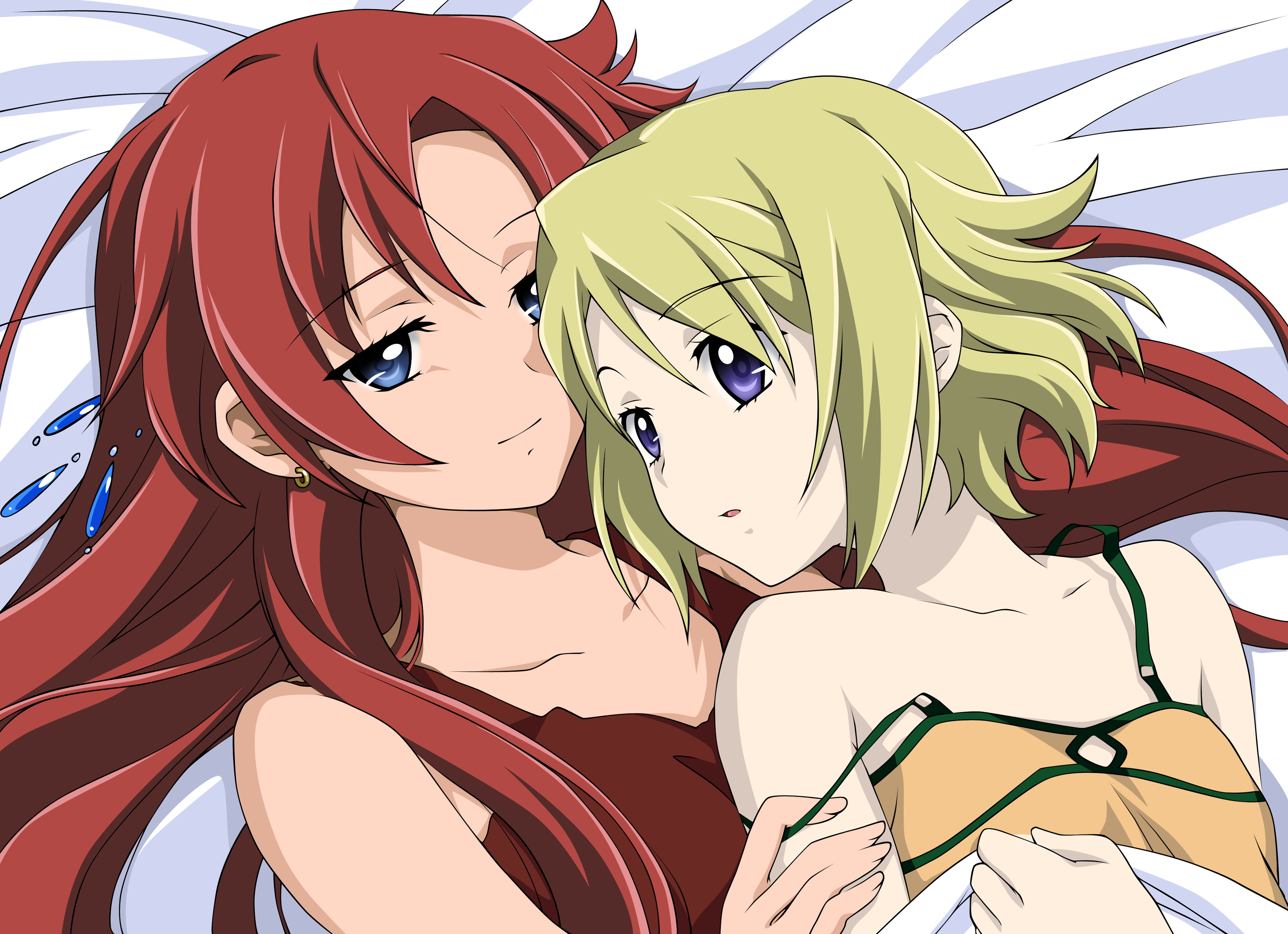 saipaco, ellis, ellis (el cazador de la bruja), nadie, el cazador de la bruja, absurdres, highres, 00s, 2girls, anime coloring, asymmetrical hair, bare shoulders, blonde hair, blue eyes, hair between eyes, long hair, lying, multiple girls, purple eyes, red hair, yuri