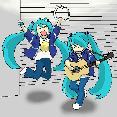 nawoko, hatsune miku, vocaloid, lowres, 2girls, acoustic guitar, aqua hair, clone, guitar, instrument, long hair, multiple girls, oekaki, twintails, very long hair
