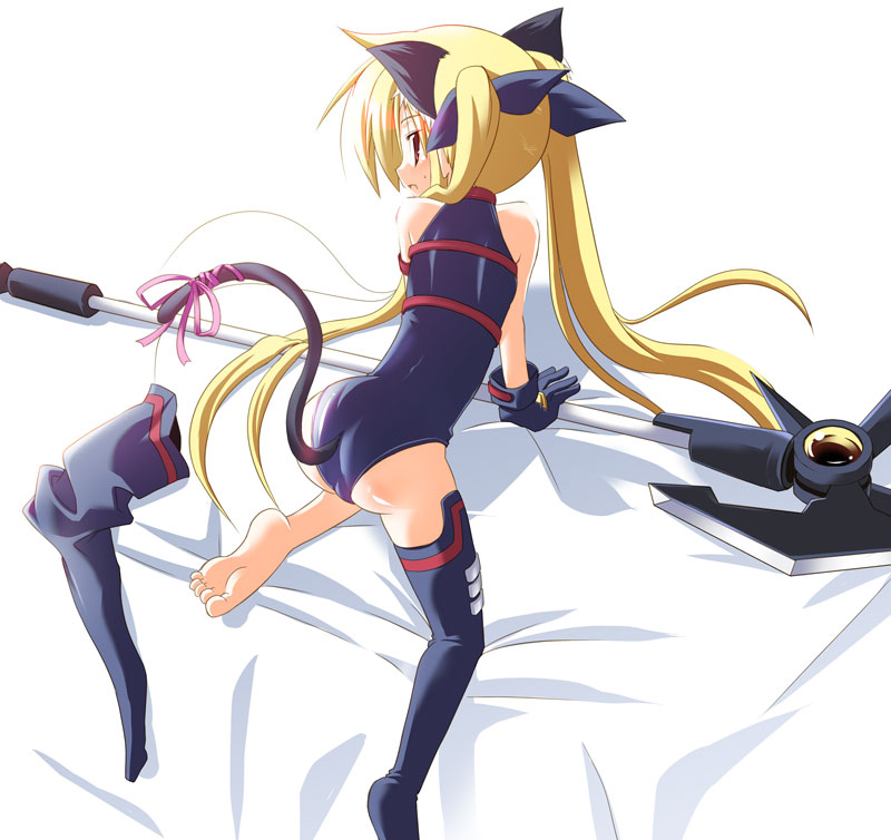 kazekawa nagi, bardiche (assault form) (nanoha), bardiche (nanoha), fate testarossa, fate testarossa (lightning form), lyrical nanoha, mahou shoujo lyrical nanoha, 00s, 1girl, all fours, animal ears, ass, asymmetrical clothes, barefoot, bent over, blonde hair, cat ears, cat tail, feet, female focus, pet play, single thighhigh, soles, solo, tail, thighhighs, twintails