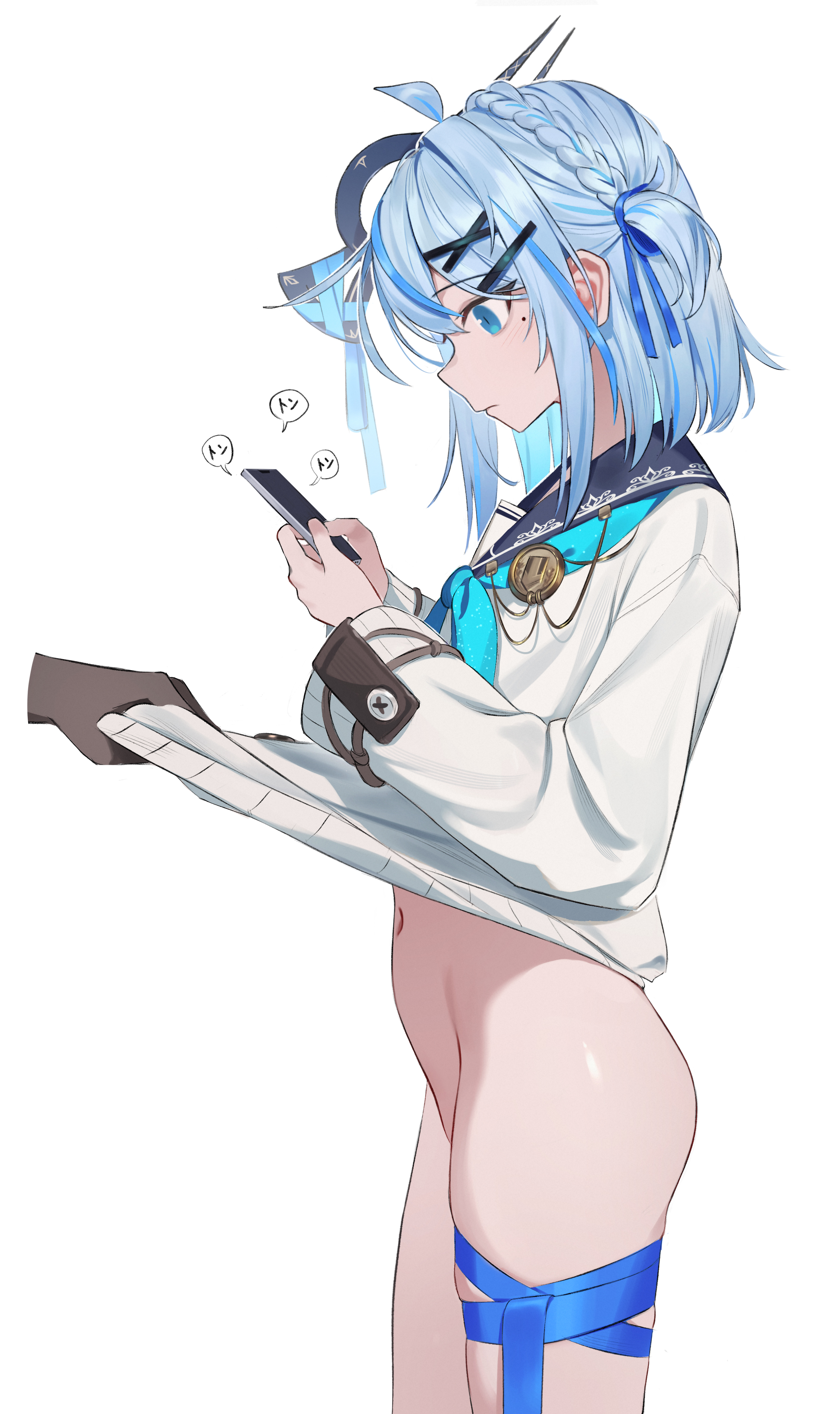 di le to, original, absurdres, commentary, highres, revision, 1girl, 1other, ahisha (di le to), ahoge, blue eyes, blue hair, blue neckerchief, blue ribbon, bottomless, cardigan, cardigan lift, cellphone, closed mouth, clothes lift, collarbone, expressionless, from side, hair ornament, holding, holding phone, leg ribbon, lifting another's clothes, looking at phone, mole, mole under eye, neckerchief, no pants, phone, ribbon, school uniform, serafuku, short hair, simple background, skindentation, smartphone, solo, thigh ribbon, thigh strap, white background, white cardigan