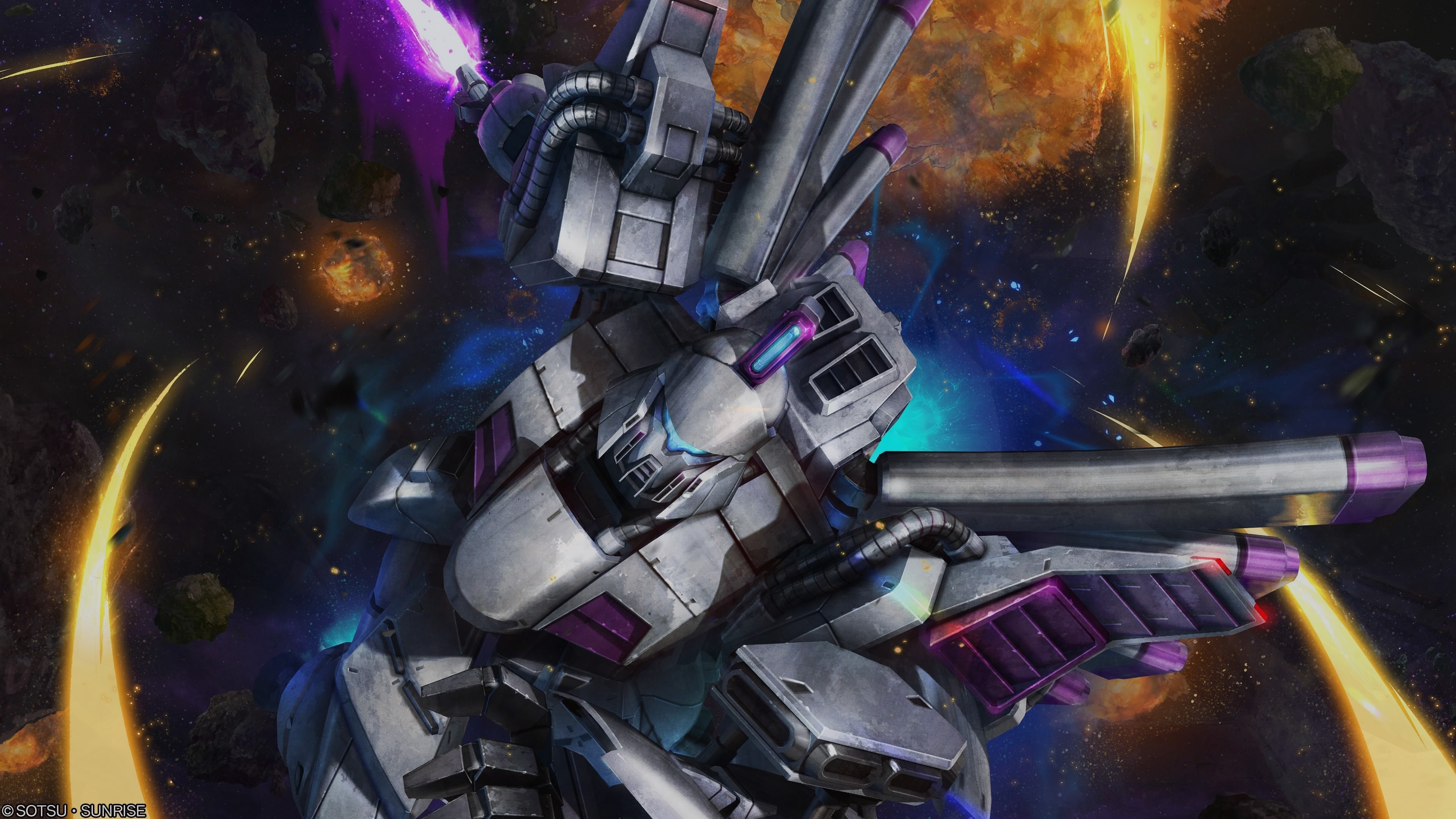 tenjin hidetaka, vigna ghina, gundam, gundam f91, sunrise (company), absurdres, highres, painting (medium), scan, traditional media, battle, blue visor, cable, copyright notice, crossbone vanguard, debris, energy, energy sword, explosion, gundam battle operation 2, machinery, mecha, mecha focus, mobile suit, no humans, realistic, robot, science fiction, space, sword, weapon