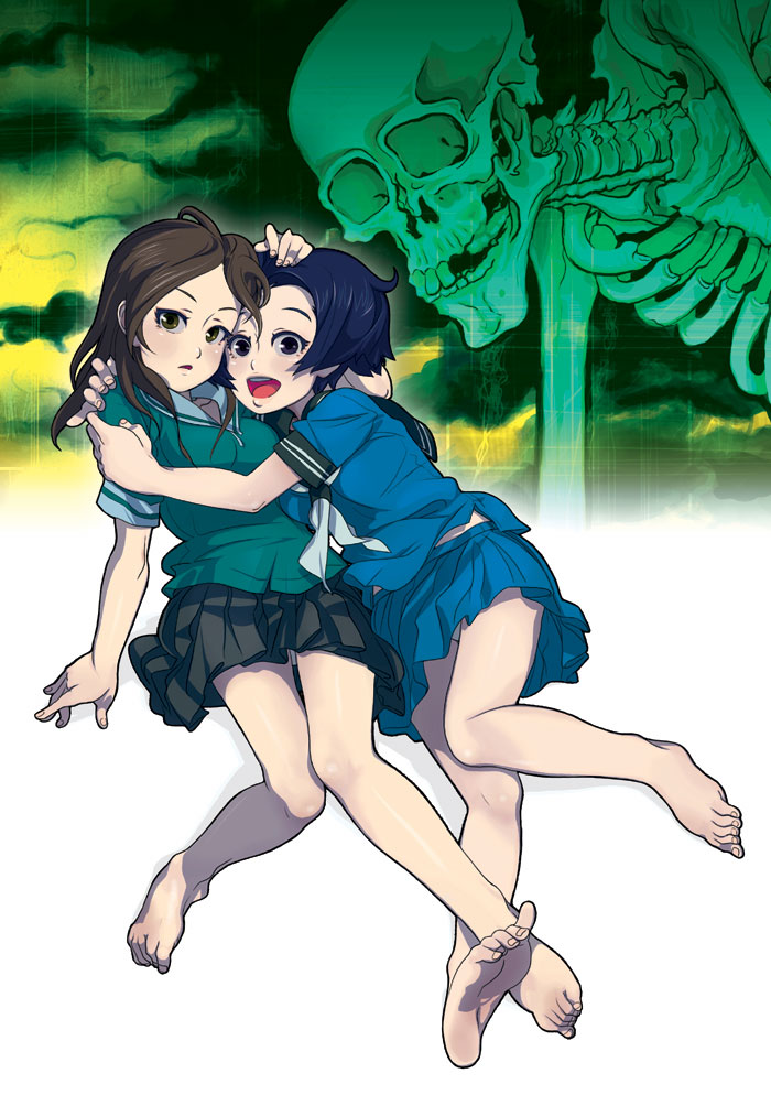 hoshi kubi, original, 2girls, barefoot, blue hair, brown eyes, brown hair, feet, hug, multiple girls, school uniform, serafuku, skeleton, skull, soles, toes