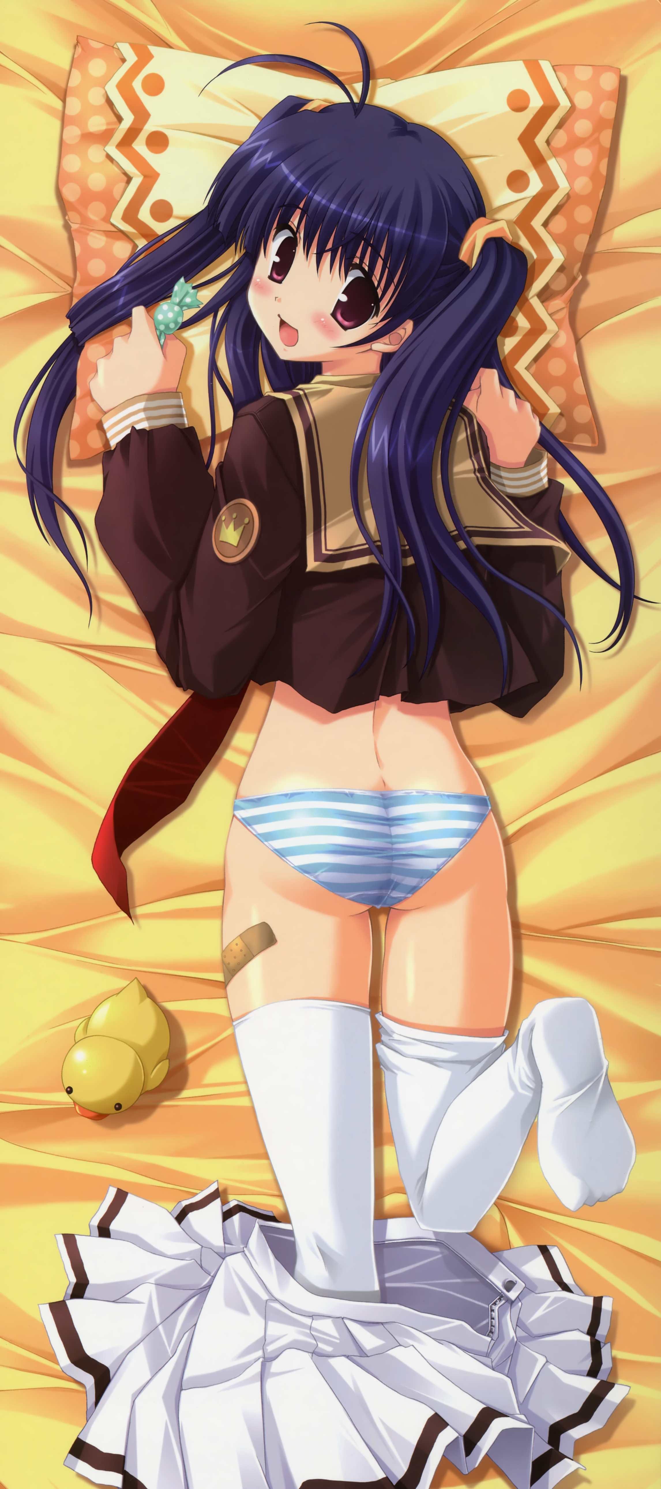 ikegami akane, absurdres, highres, 1girl, ahoge, antenna hair, ass, bed, blue hair, candy, female focus, food, looking at viewer, looking back, lying, on stomach, panties, pleated skirt, red eyes, school uniform, serafuku, skirt, skirt around one leg, solo, striped clothes, striped panties, thighhighs, twintails, underwear, white skirt, white thighhighs
