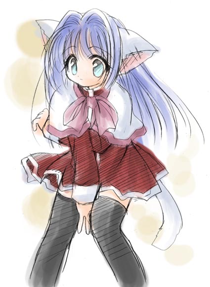 minase nayuki, kanon, 1girl, animal ears, blue eyes, blue hair, cat ears, cat tail, female focus, matching hair/eyes, red skirt, school uniform, serafuku, skirt, solo, tail, thighhighs, zettai ryouiki