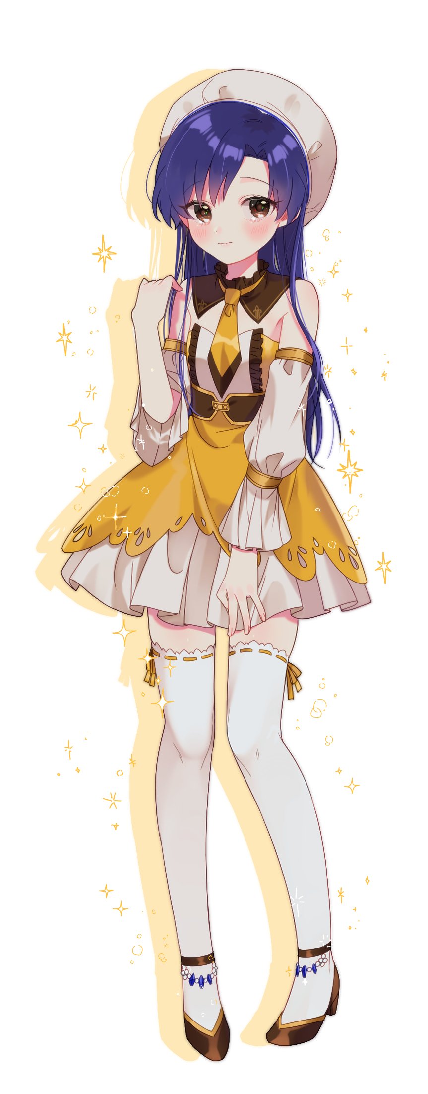 lunim (roo 0 0), kisaragi chihaya, idolmaster, idolmaster (classic), highres, 1girl, beret, blue hair, blush, brown eyes, closed mouth, detached sleeves, dress, flat chest, full body, hand up, hat, high heels, long hair, necktie, simple background, solo, sparkle, standing, strapless, strapless dress, thighhighs, white background, white hat, white sleeves, white thighhighs, yellow dress, yellow necktie
