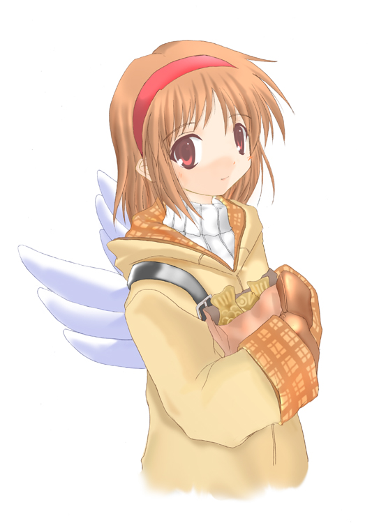 tsukimiya ayu, kanon, 1girl, angel wings, backpack, bag, brown eyes, brown hair, coat, female focus, food, hairband, hood, hooded jacket, jacket, mittens, randoseru, ribbed sweater, short hair, simple background, solo, sweater, taiyaki, wagashi, white background, wings