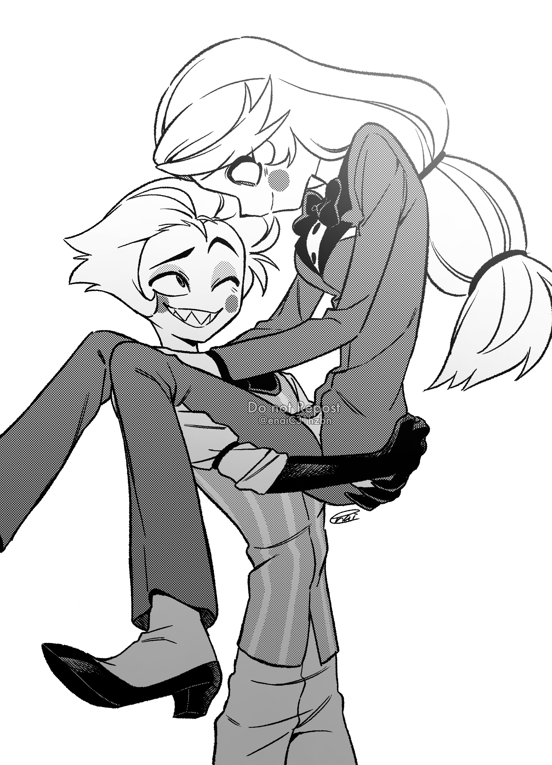 menma (enaic31), charlie morningstar, lucifer morningstar (hazbin hotel), hazbin hotel, hellaverse, absurdres, commentary request, highres, 1boy, 1girl, ;d, animal nose, bow, bowtie, breasts, carrying, circle facial mark, closed mouth, cowboy shot, elbow gloves, eye contact, father and daughter, fewer digits, foot out of frame, gloves, greyscale, grin, hair slicked back, halftone, high heels, jacket, lapels, long hair, looking at another, low-tied long hair, monochrome, notched lapels, one eye closed, open mouth, pants, princess carry, profile, raised eyebrow, sharp teeth, shirt, short hair, signature, simple background, small breasts, smile, striped clothes, striped vest, swept bangs, teeth, twitter username, two-tone vest, vertical-striped clothes, vertical-striped vest, very long hair, very short hair, vest, watermark, white background