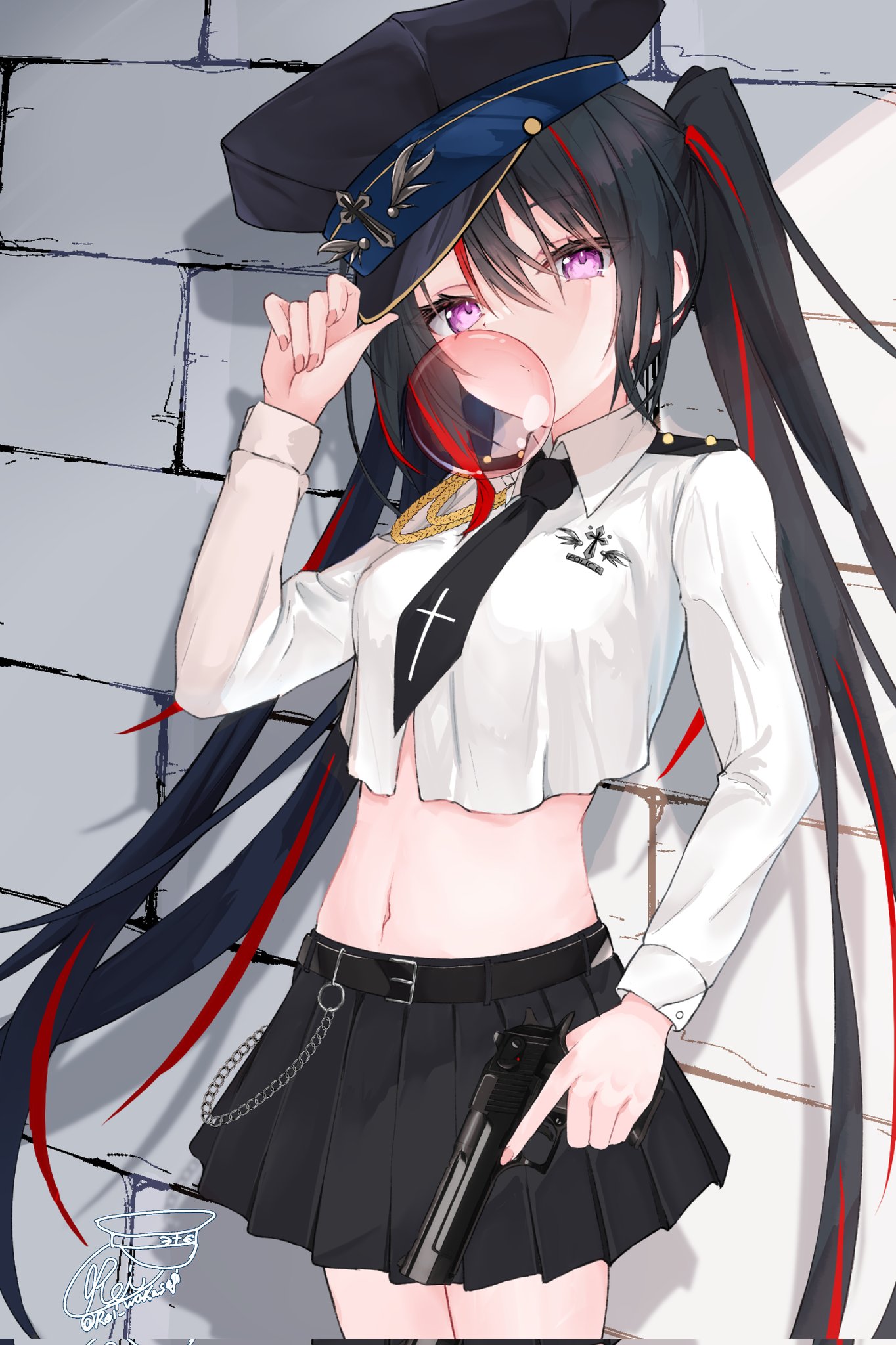 rei wakasagi, highres, 1girl, belt, black hair, black necktie, black skirt, breasts, crop top, gun, hair between eyes, hat, holding, holding gun, holding weapon, long hair, long sleeves, looking at viewer, lying, midriff, navel, necktie, pleated skirt, purple eyes, shirt, skirt, solo, twintails, very long hair, weapon, white shirt