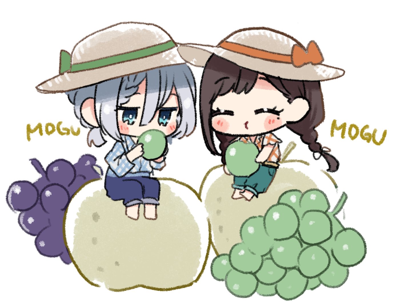 yuama, asaka kaori, hoshikawa shizuku, kimi to tsuzuru utakata, commentary request, 2girls, blue eyes, blue pants, blush, braid, brown hair, brown hat, eating, food, fruit, grapes, green pants, hat, long hair, mini person, mole, mole under eye, multiple girls, pants, short hair, twin braids, white hair