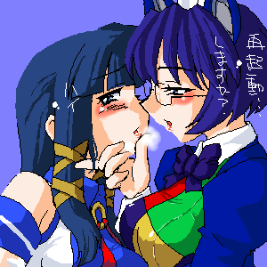sakae (pvalk), 2k-tan, xp-tan, os-tan, lowres, 2girls, blush, glasses, multiple girls, oekaki, yuri