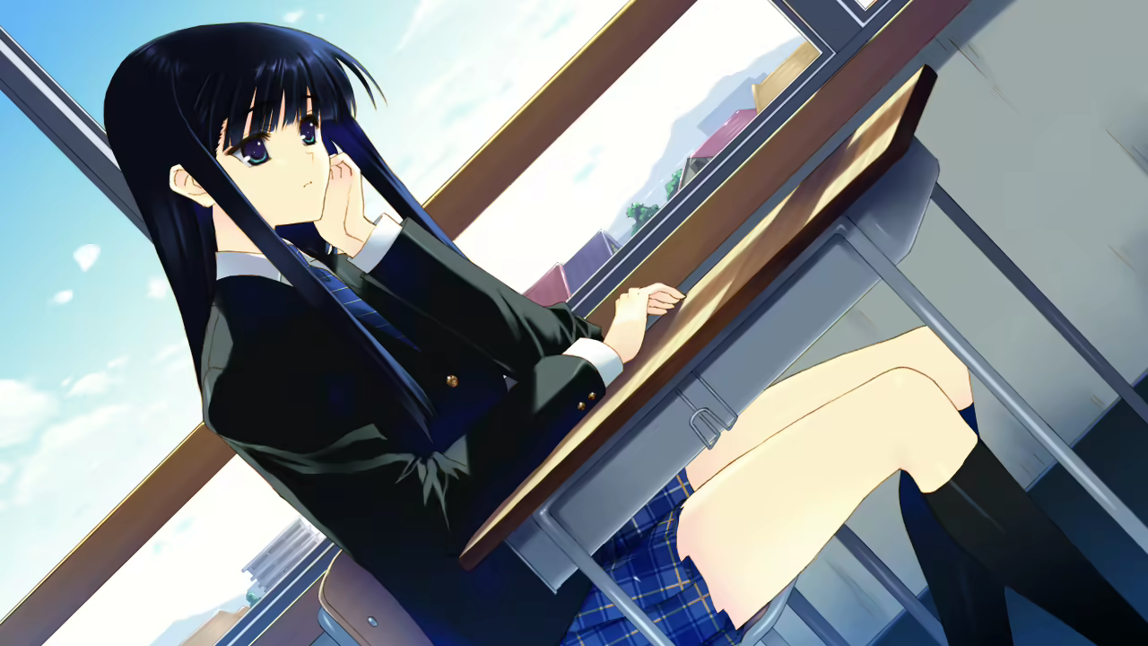 nakamura takeshi, touma kazusa, white album (series), white album 2, game cg, non-web source, 1girl, bare legs, black socks, blue eyes, blue necktie, blue skirt, blue sky, chair, classroom, closed mouth, desk, hand on own cheek, hand on own face, long bangs, long hair, necktie, on chair, plaid clothes, plaid skirt, sailor, sailor collar, school desk, sitting, skirt, sky, socks