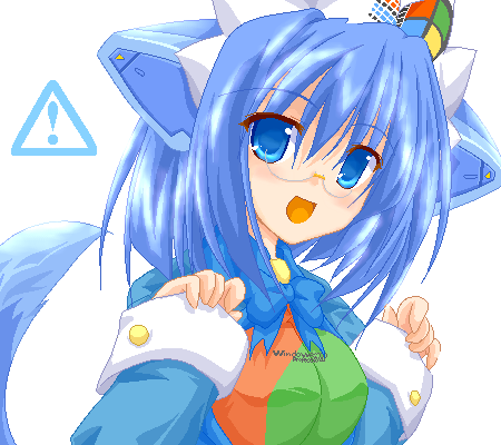 marimo (artist), 2k-tan, microsoft windows, os-tan, windows 2000, windows classic, lowres, blue eyes, blue hair, glasses, oekaki, solo, tail