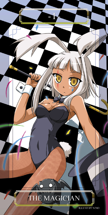 nino (artist), nino (ninouchi irazu), zazie rainyday, mahou sensei negima!, 00s, 1girl, animal ears, bow, bowtie, card (medium), dark-skinned female, dark skin, facial mark, fake animal ears, female focus, fishnet pantyhose, fishnets, leotard, pantyhose, playboy bunny, rabbit ears, rabbit tail, solo, tail, tarot, tarot (medium), tattoo, teardrop tattoo, the magician (tarot), white hair, yellow eyes
