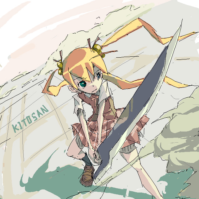 kito (motti234), kagurazaka asuna, mahou sensei negima!, 00s, 1girl, blonde hair, female focus, green eyes, hair ornament, shadow, solo, sword, twintails, weapon, wind