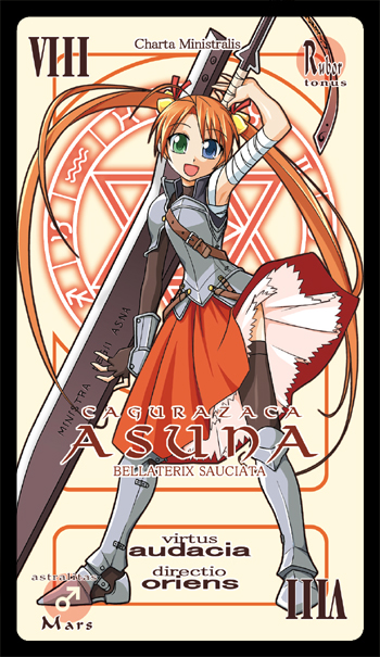 nino (ninouchi irazu), kagurazaka asuna, mahou sensei negima!, 00s, 1girl, armor, bandages, bell, card, card (medium), character name, female focus, hair bell, hair ornament, heterochromia, mars symbol, orange hair, pactio, solo, sword, thighhighs, twintails, weapon