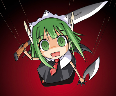 nino (ninouchi irazu), chachazero, mahou sensei negima!, lowres, 00s, 1girl, female focus, green hair, knife, puppet, solo, sword, weapon