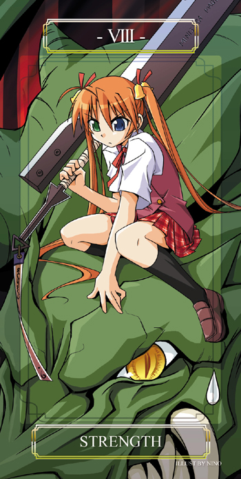 nino (ninouchi irazu), kagurazaka asuna, mahou sensei negima!, 00s, 1girl, bell, card (medium), dragon, female focus, hair bell, hair ornament, heterochromia, orange hair, school uniform, serafuku, solo, strength (tarot), sweatdrop, sword, tarot, tarot (medium), twintails, weapon