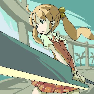 kito (motti234), kagurazaka asuna, mahou sensei negima!, bad id, lowres, 00s, 1girl, ahoge, bell, blue eyes, female focus, hair ornament, heterochromia, long hair, orange hair, plaid clothes, plaid skirt, school uniform, skirt, solo, sword, twintails, weapon