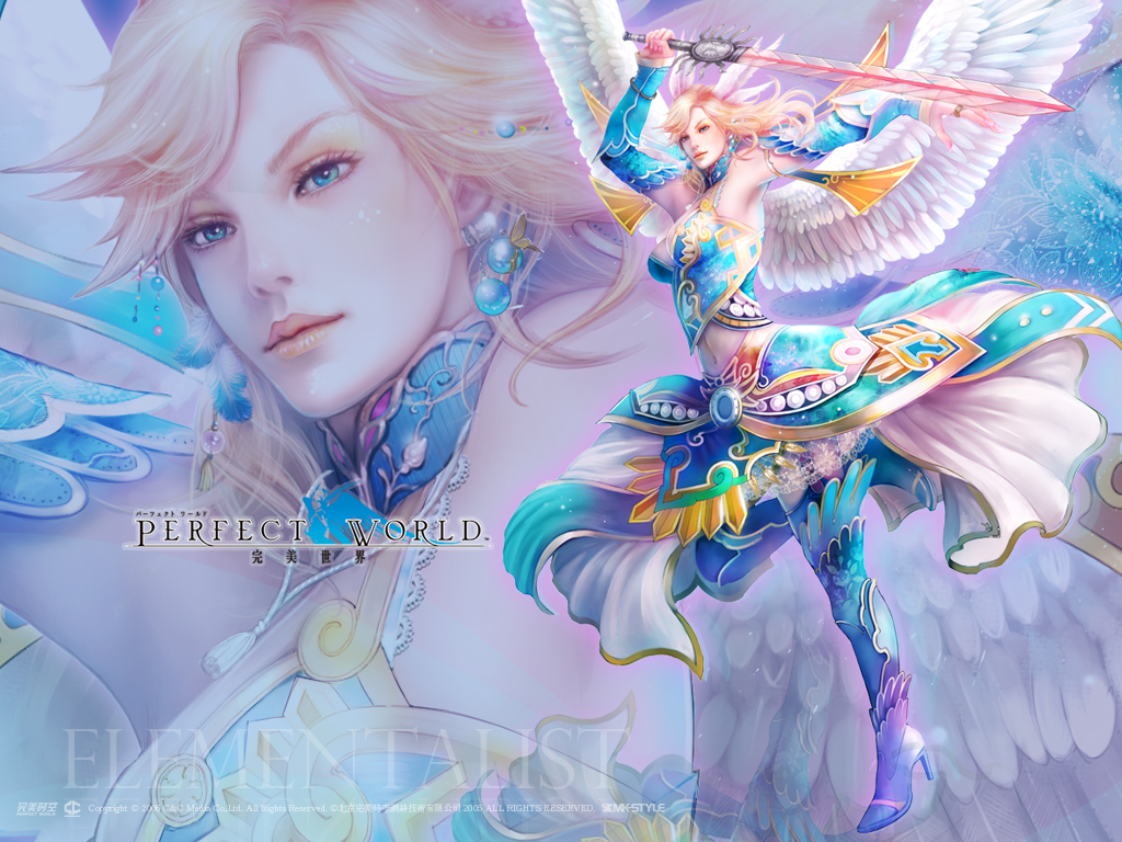 cleric(character), perfect world, blonde hair, boots, fantasy, long hair, skirt, solo, sword, weapon, wings